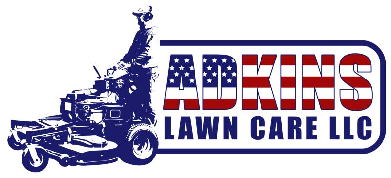 Adkins Lawn Care LLC logo - Larry Adkins on a stand up mower with name beside it colored like the American Flag